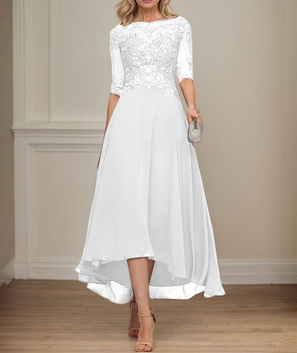 A-line Boat Neck Illusion Asymmetrical Chiffon Lace Mother of the Bride Dress With Sequins Beading