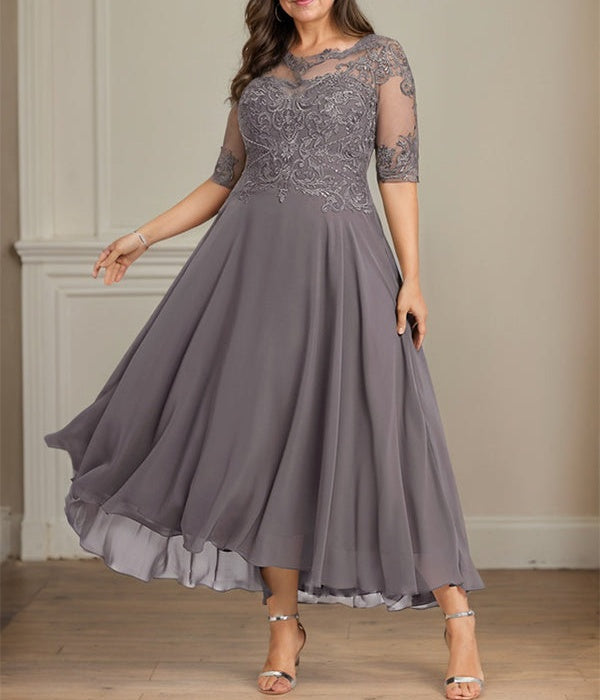 A-line Boat Neck Illusion Asymmetrical Chiffon Lace Mother of the Bride Dress With Sequins Beading