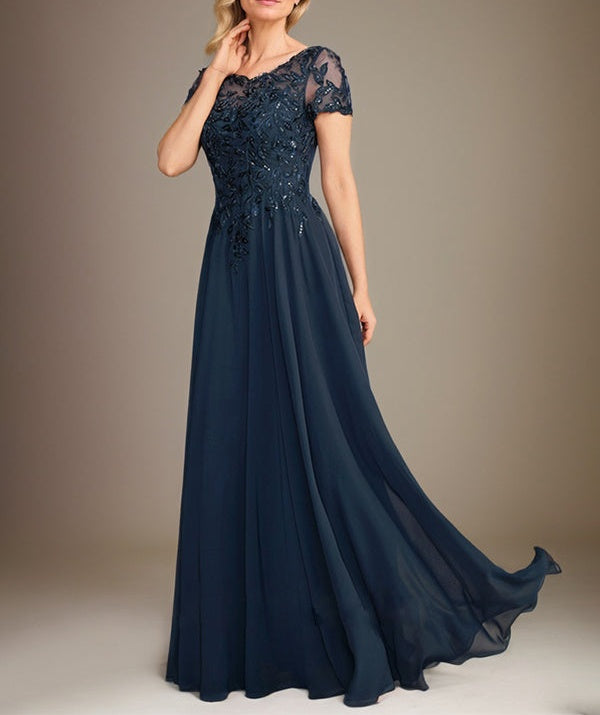 A-Line Scoop Floor-Length Chiffon Mother of the Bride Dress With Applique & Sequins