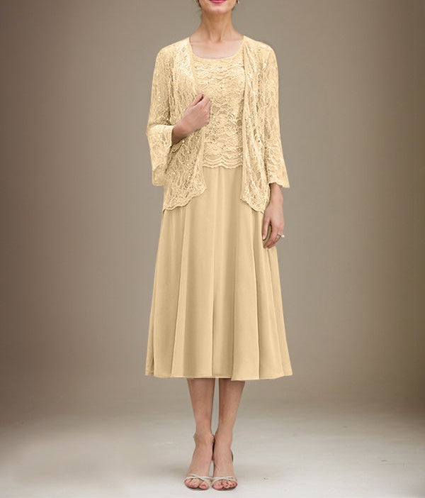 A-line Scoop Tea-Length Lace Chiffon Mother of the Bride Dress With Sequins