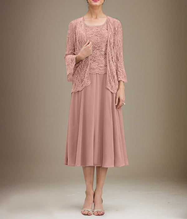 A-line Scoop Tea-Length Lace Chiffon Mother of the Bride Dress With Sequins