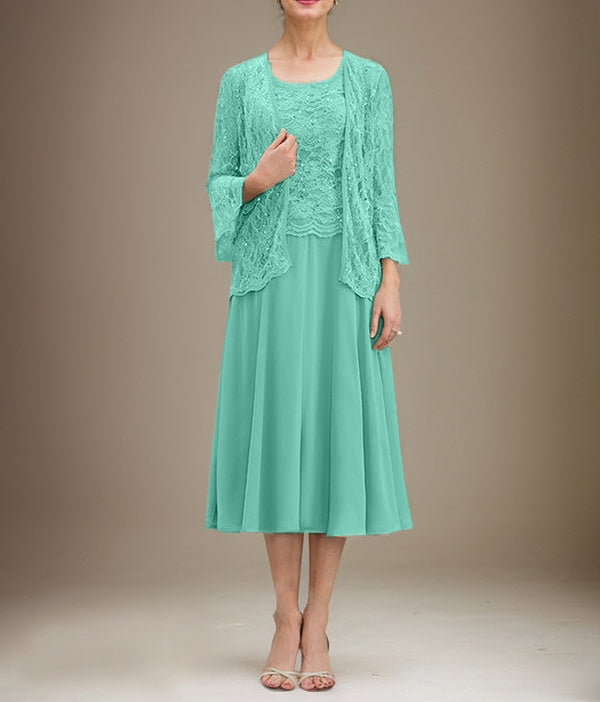 A-line Scoop Tea-Length Lace Chiffon Mother of the Bride Dress With Sequins