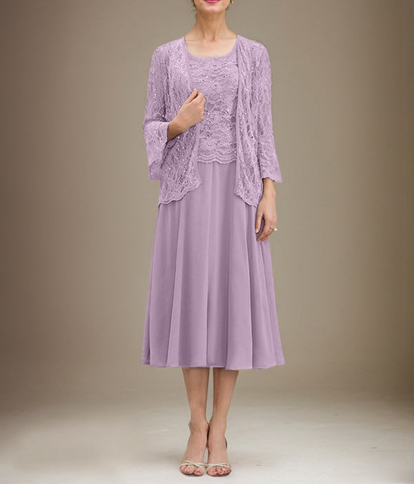 A-line Scoop Tea-Length Lace Chiffon Mother of the Bride Dress With Sequins