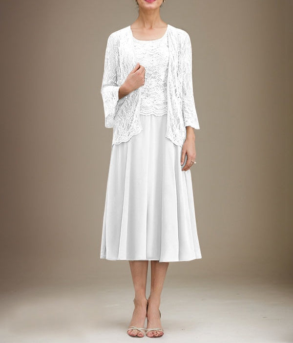 A-line Scoop Tea-Length Lace Chiffon Mother of the Bride Dress With Sequins