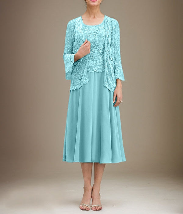 A-line Scoop Tea-Length Lace Chiffon Mother of the Bride Dress With Sequins