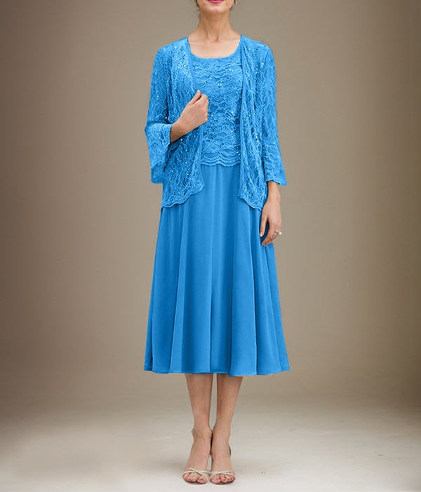 A-line Scoop Tea-Length Lace Chiffon Mother of the Bride Dress With Sequins