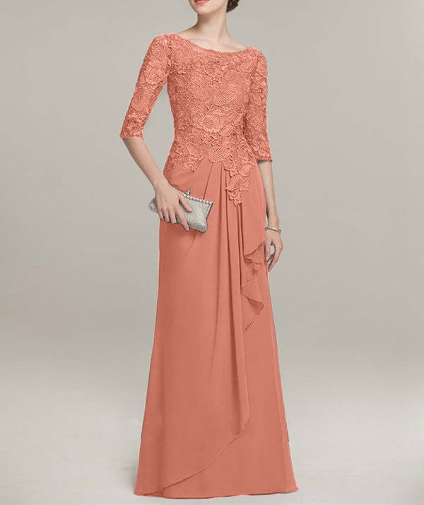 A-line Scoop Illusion Floor-Length Lace Chiffon Mother of the Bride Dress With Cascading Ruffles