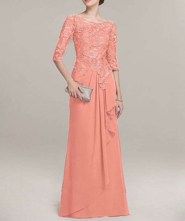 A-line Scoop Illusion Floor-Length Lace Chiffon Mother of the Bride Dress With Cascading Ruffles