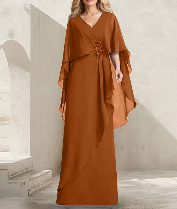 A-line V-Neck Floor-Length Chiffon Mother of the Bride Dress With Cascading Ruffles Beading