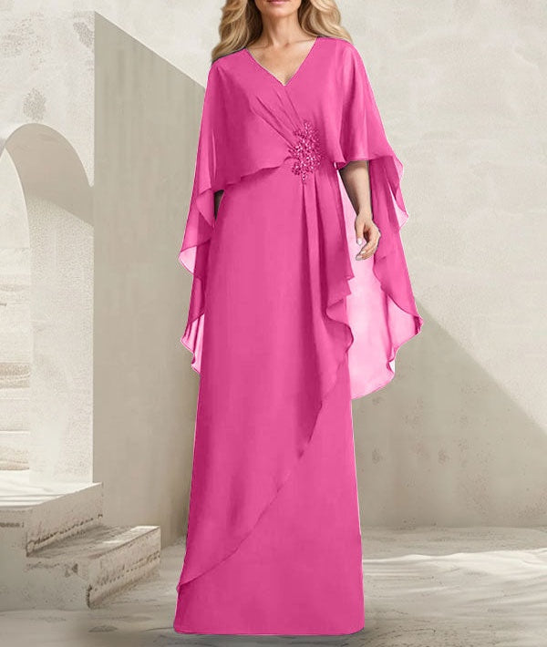 A-line V-Neck Floor-Length Chiffon Mother of the Bride Dress With Cascading Ruffles Beading