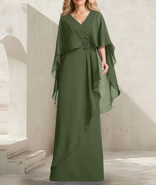 A-line V-Neck Floor-Length Chiffon Mother of the Bride Dress With Cascading Ruffles Beading