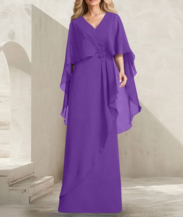 A-line V-Neck Floor-Length Chiffon Mother of the Bride Dress With Cascading Ruffles Beading