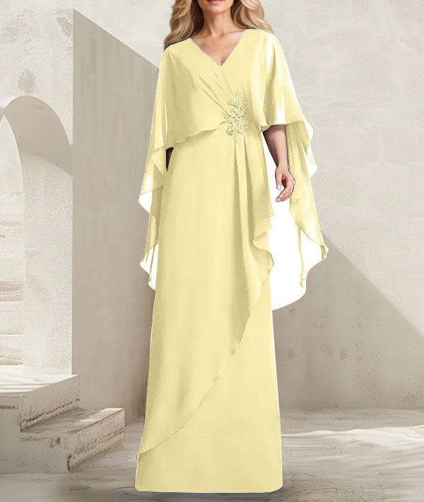 A-line V-Neck Floor-Length Chiffon Mother of the Bride Dress With Cascading Ruffles Beading