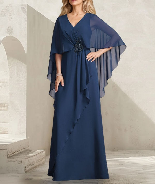 A-line V-Neck Floor-Length Chiffon Mother of the Bride Dress With Cascading Ruffles Beading