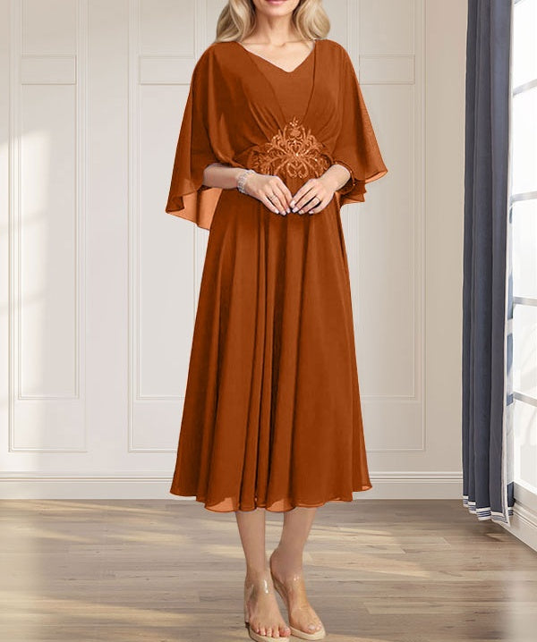A-line V-Neck Tea-Length Chiffon Mother of the Bride Dress With Pleated Sequins Appliques Lace Beadind