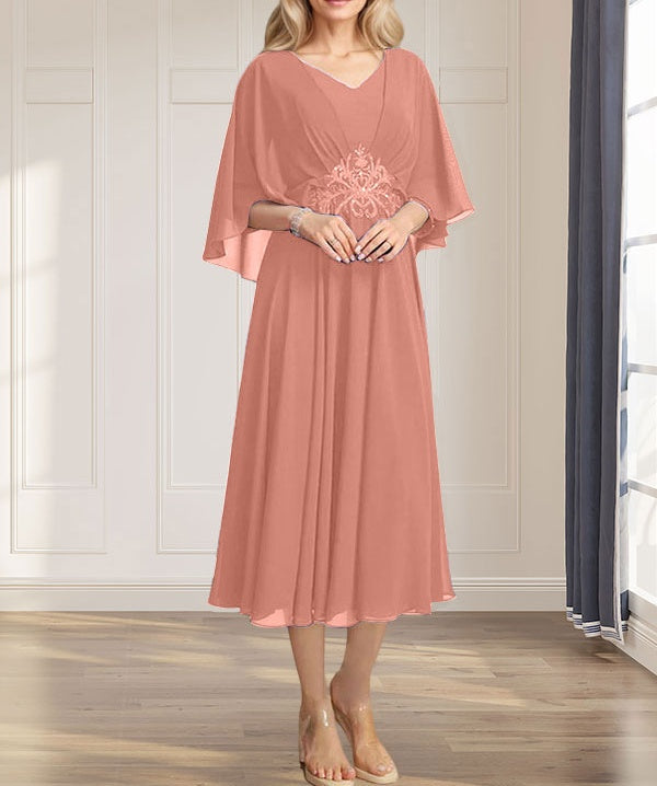 A-line V-Neck Tea-Length Chiffon Mother of the Bride Dress With Pleated Sequins Appliques Lace Beadind