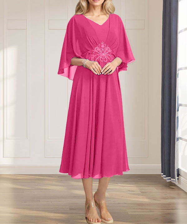 A-line V-Neck Tea-Length Chiffon Mother of the Bride Dress With Pleated Sequins Appliques Lace Beadind