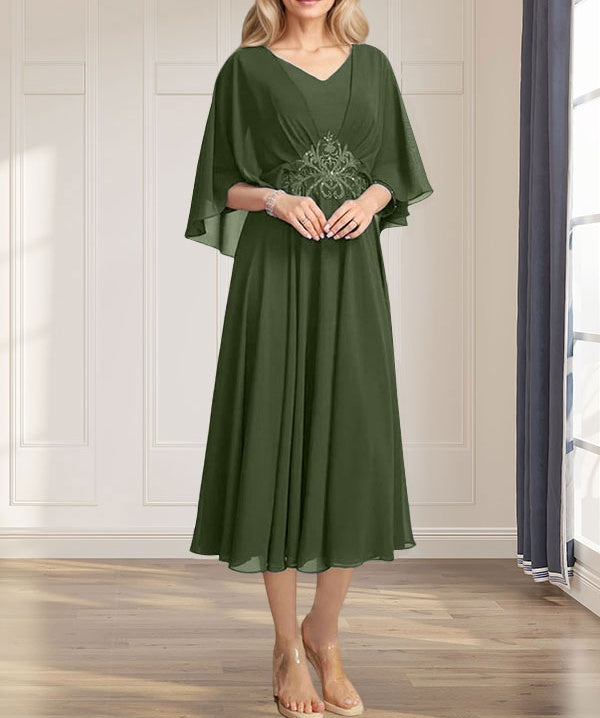 A-line V-Neck Tea-Length Chiffon Mother of the Bride Dress With Pleated Sequins Appliques Lace Beadind