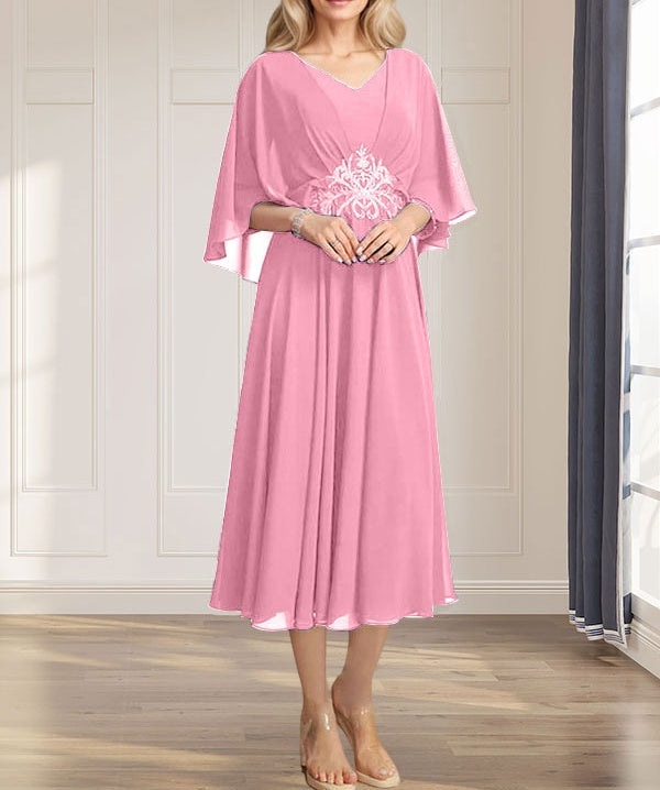 A-line V-Neck Tea-Length Chiffon Mother of the Bride Dress With Pleated Sequins Appliques Lace Beadind