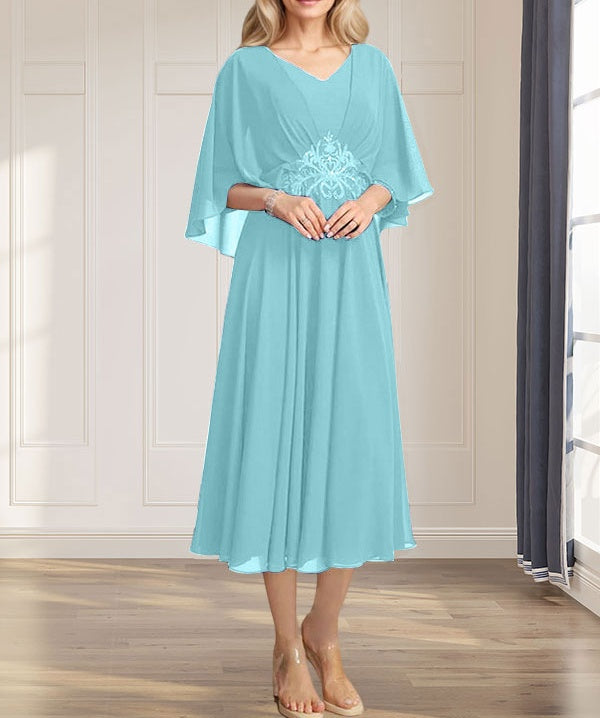 A-line V-Neck Tea-Length Chiffon Mother of the Bride Dress With Pleated Sequins Appliques Lace Beadind