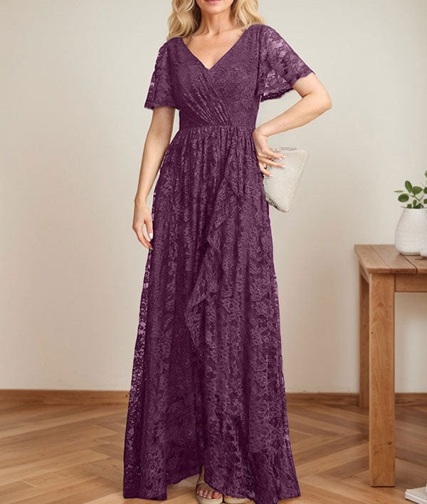 A-Line V-Neck Asymmetrical Lace Mother of the Bride Dress With Cascading Ruffles
