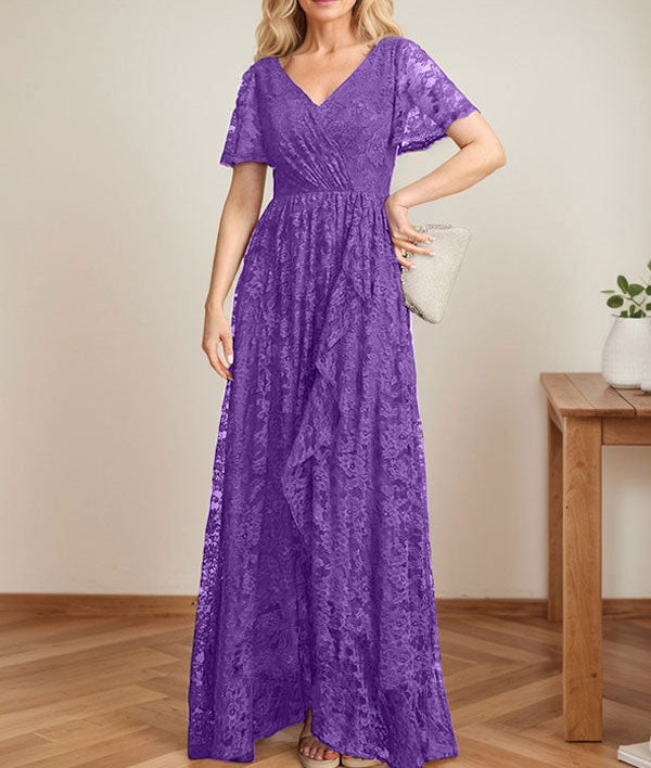 A-Line V-Neck Asymmetrical Lace Mother of the Bride Dress With Cascading Ruffles