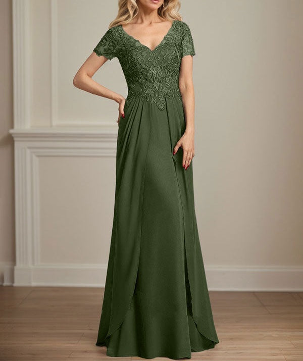 A-line V-Neck Floor-Length Chiffon Lace Mother of the Bride Dress