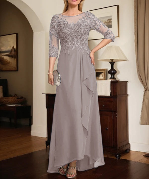A-line Scoop Illusion Asymmetrical Lace Chiffon Mother of the Bride Dress With Sequins Cascading Ruffles