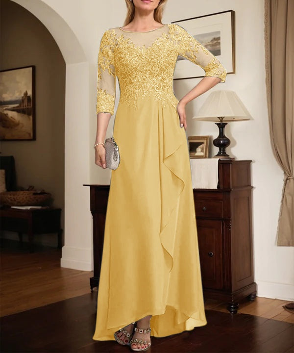 A-line Scoop Illusion Asymmetrical Lace Chiffon Mother of the Bride Dress With Sequins Cascading Ruffles