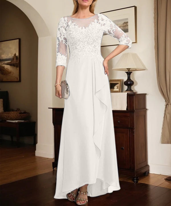 A-line Scoop Illusion Asymmetrical Lace Chiffon Mother of the Bride Dress With Sequins Cascading Ruffles