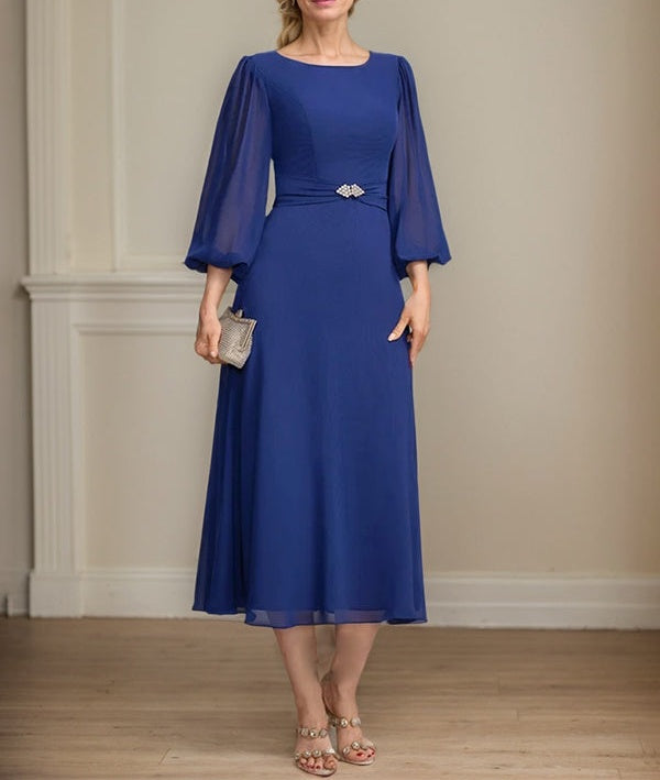 A-line Scoop Tea-Length Chiffon Mother of the Bride Dress With Crystal Brooch Pleated