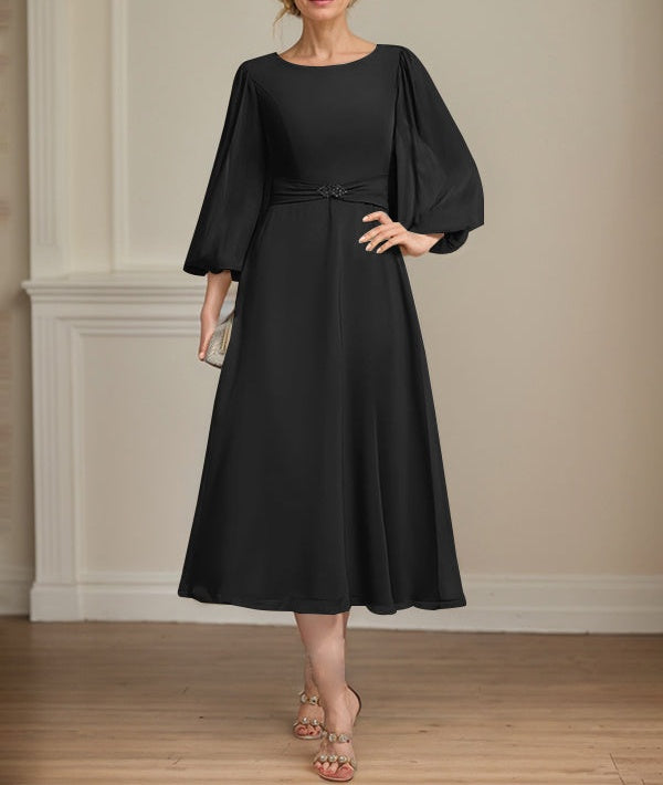 A-line Scoop Tea-Length Chiffon Mother of the Bride Dress With Crystal Brooch Pleated