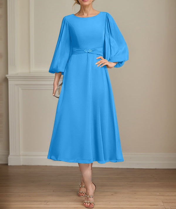 A-line Scoop Tea-Length Chiffon Mother of the Bride Dress With Crystal Brooch Pleated