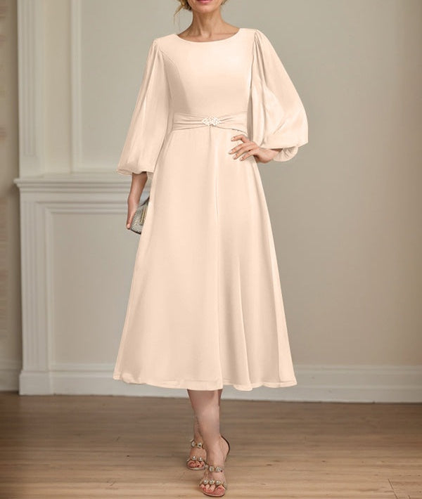 A-line Scoop Tea-Length Chiffon Mother of the Bride Dress With Crystal Brooch Pleated