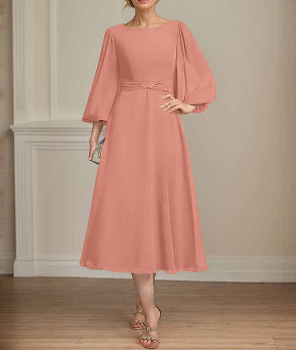 A-line Scoop Tea-Length Chiffon Mother of the Bride Dress With Crystal Brooch Pleated
