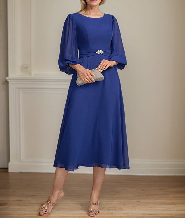A-line Scoop Tea-Length Chiffon Mother of the Bride Dress With Crystal Brooch Pleated