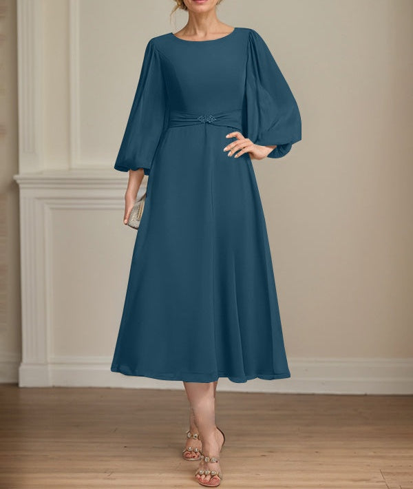 A-line Scoop Tea-Length Chiffon Mother of the Bride Dress With Crystal Brooch Pleated