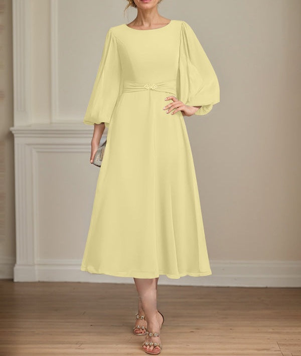 A-line Scoop Tea-Length Chiffon Mother of the Bride Dress With Crystal Brooch Pleated