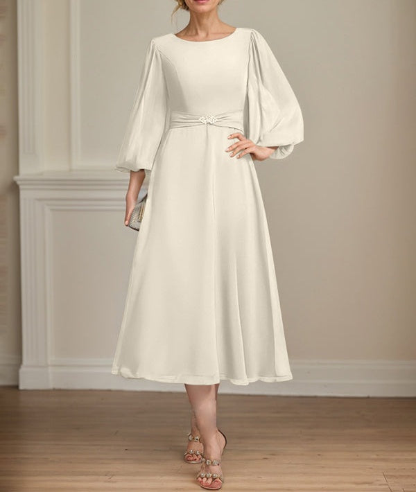 A-line Scoop Tea-Length Chiffon Mother of the Bride Dress With Crystal Brooch Pleated