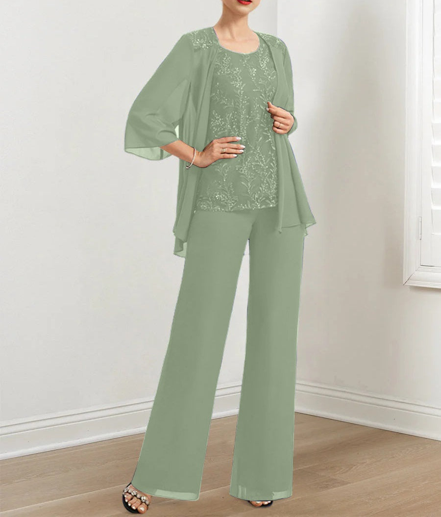 Chiffon Mother of the Bride Pantsuits with Sequins & Jacket