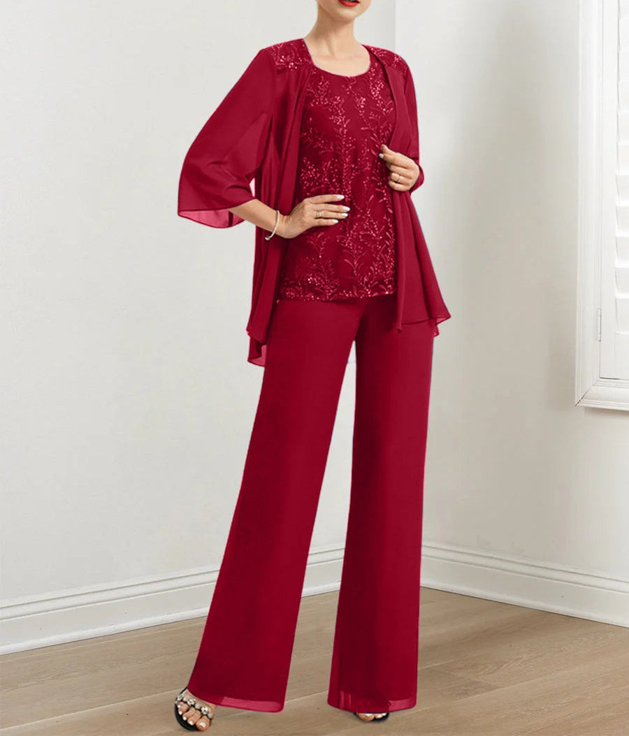 Chiffon Mother of the Bride Pantsuits with Sequins & Jacket