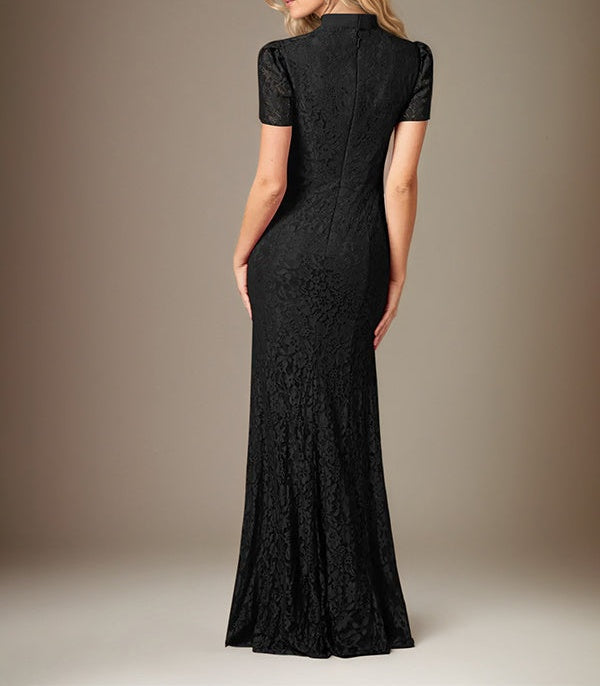 Black Chiffon Bow Tie Neckline Short Sleeves Floor Length Dress With Appliques