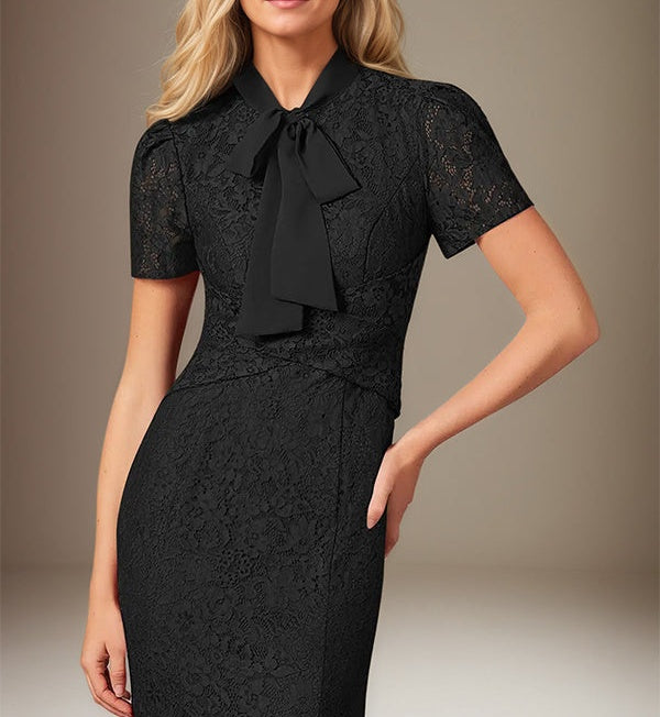 Black Chiffon Bow Tie Neckline Short Sleeves Floor Length Dress With Appliques