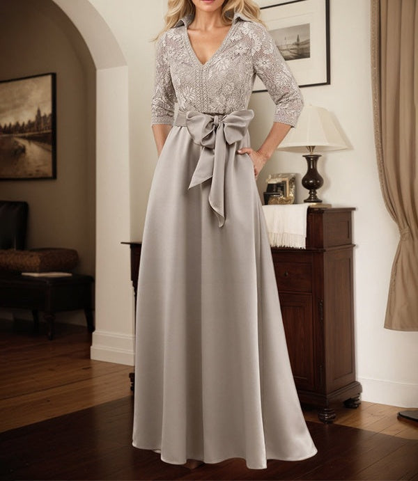 Classic V-Neck Bow Accented Satin Mother Of The Bride Dress With Lace