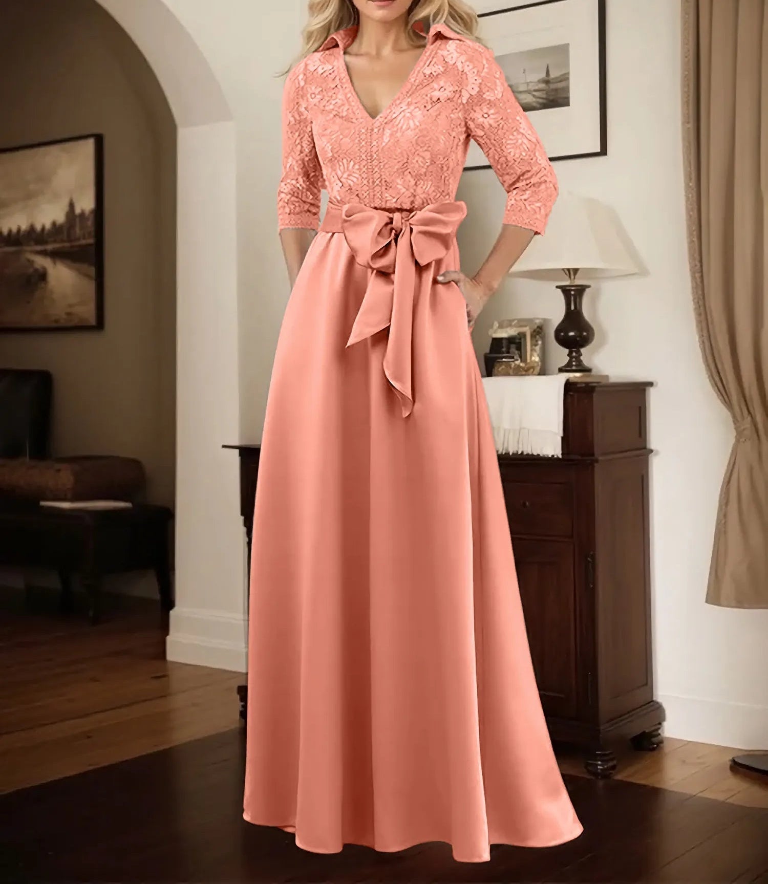 Classic V-Neck Bow Accented Satin Mother Of The Bride Dress With Lace