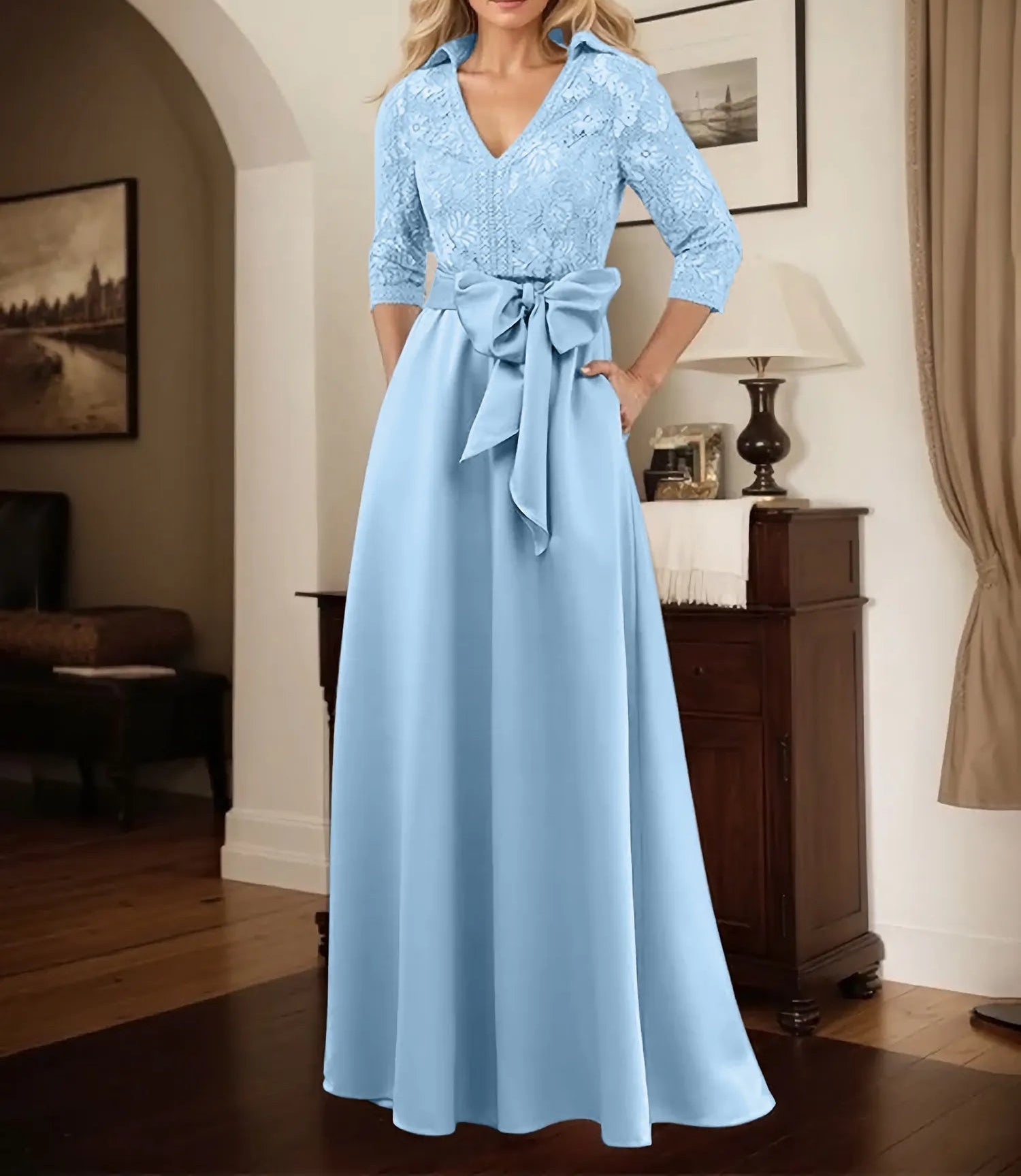 Classic V-Neck Bow Accented Satin Mother Of The Bride Dress With Lace
