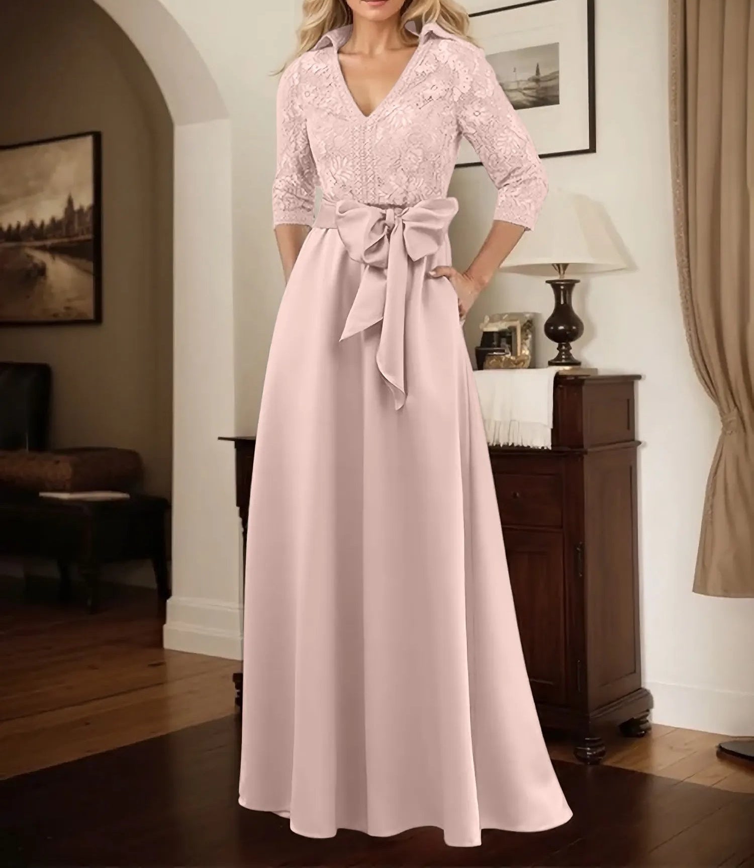 Classic V-Neck Bow Accented Satin Mother Of The Bride Dress With Lace