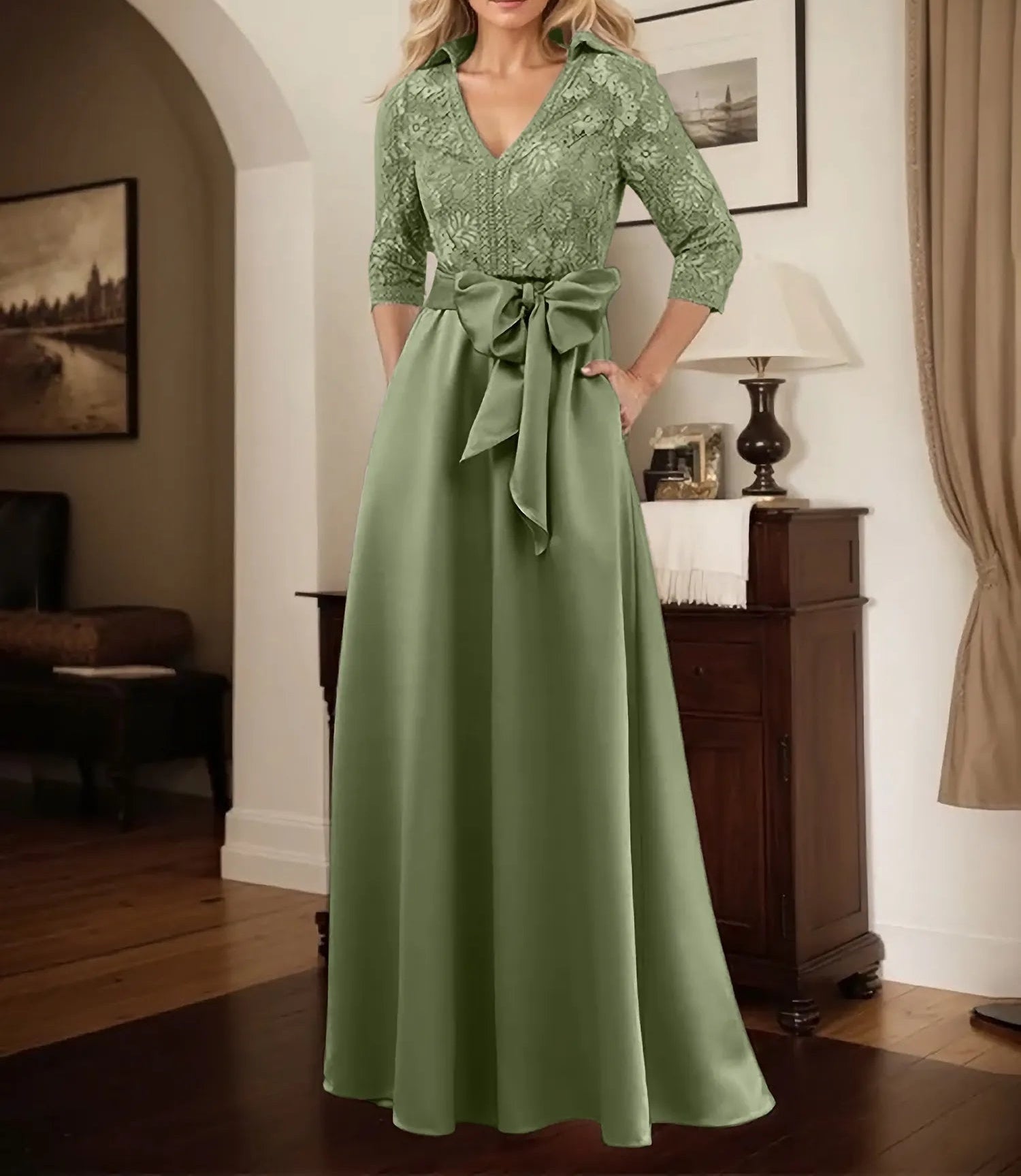 Classic V-Neck Bow Accented Satin Mother Of The Bride Dress With Lace