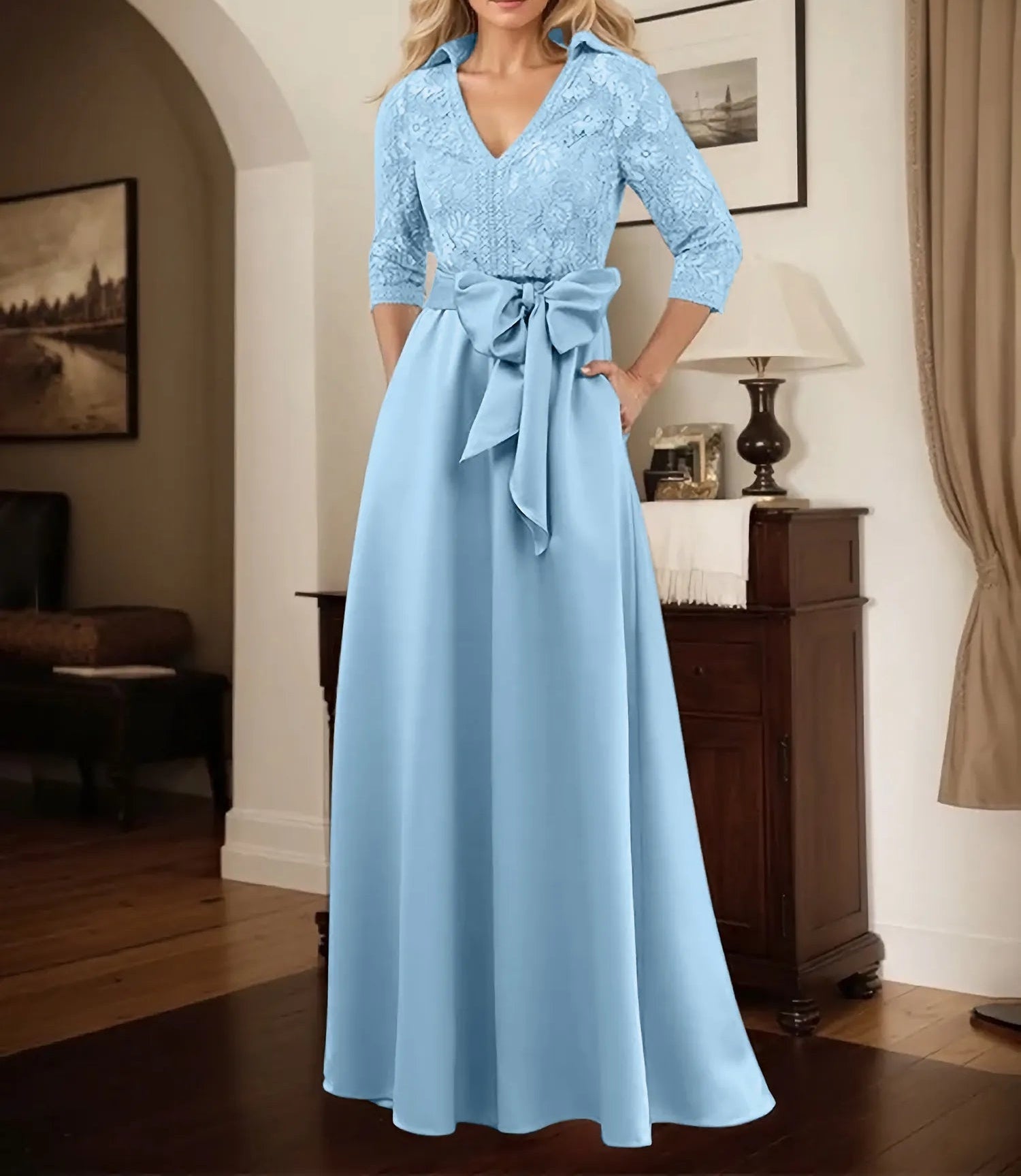 Classic V-Neck Bow Accented Satin Mother Of The Bride Dress With Lace
