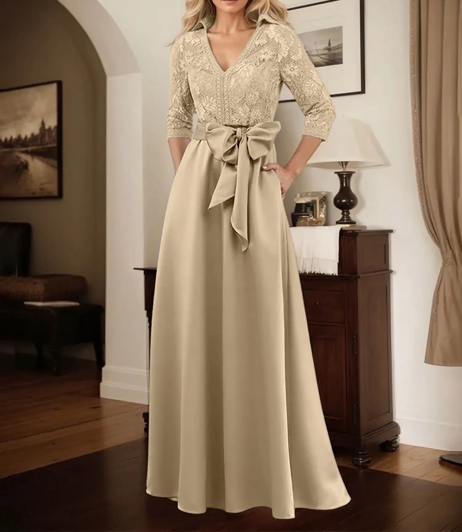 Classic V-Neck Bow Accented Satin Mother Of The Bride Dress With Lace